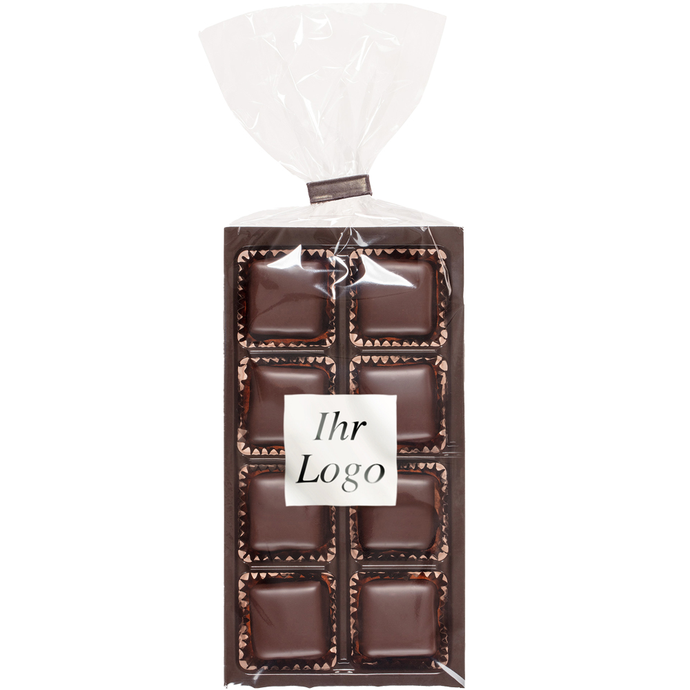 Edle Dominosteine im 8er Tray mit Logo-Aufkleber, 100g